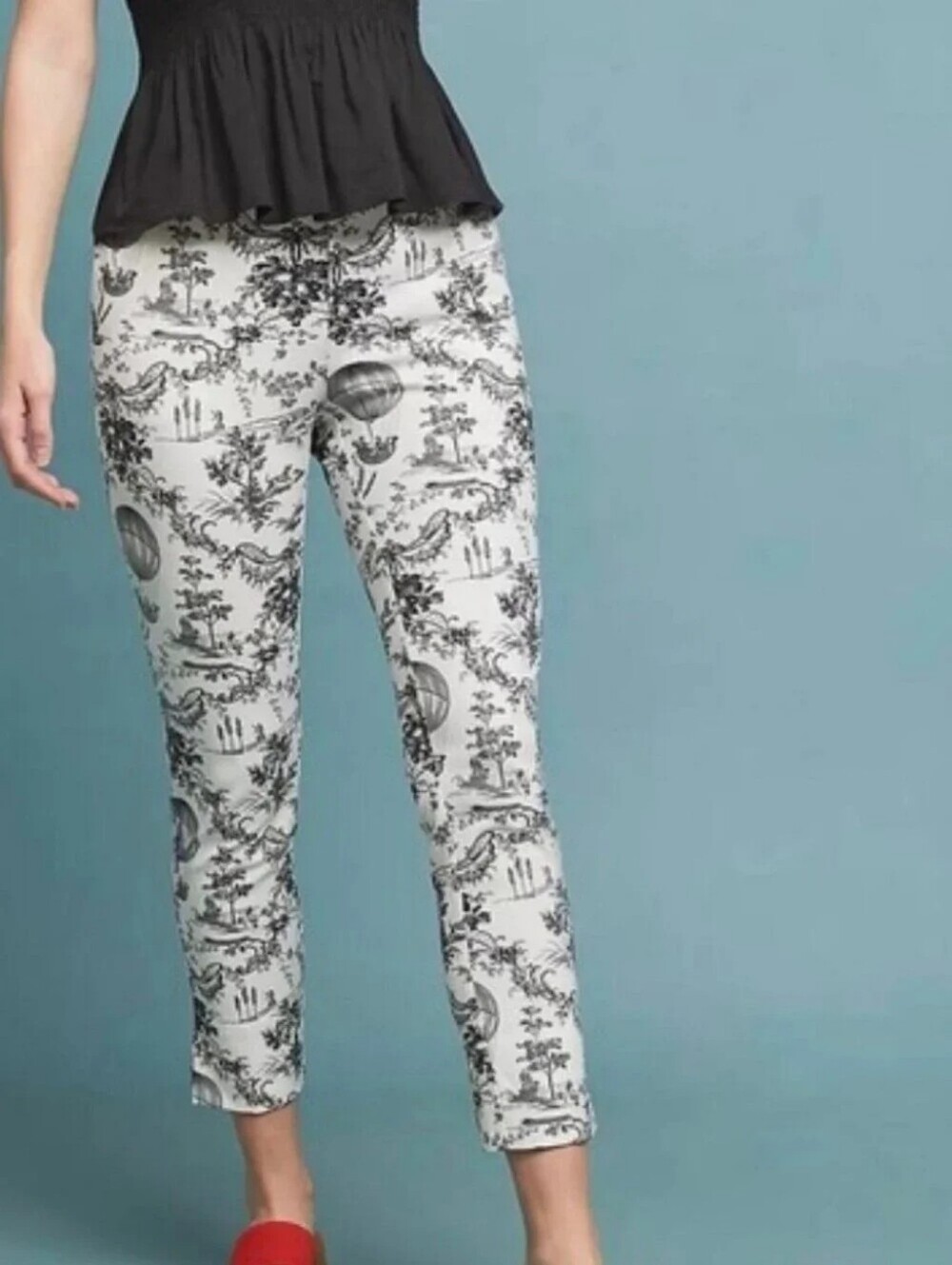 Anthropologie The Essential Slim Trouser White/Black Balloon Toile Print Size 16